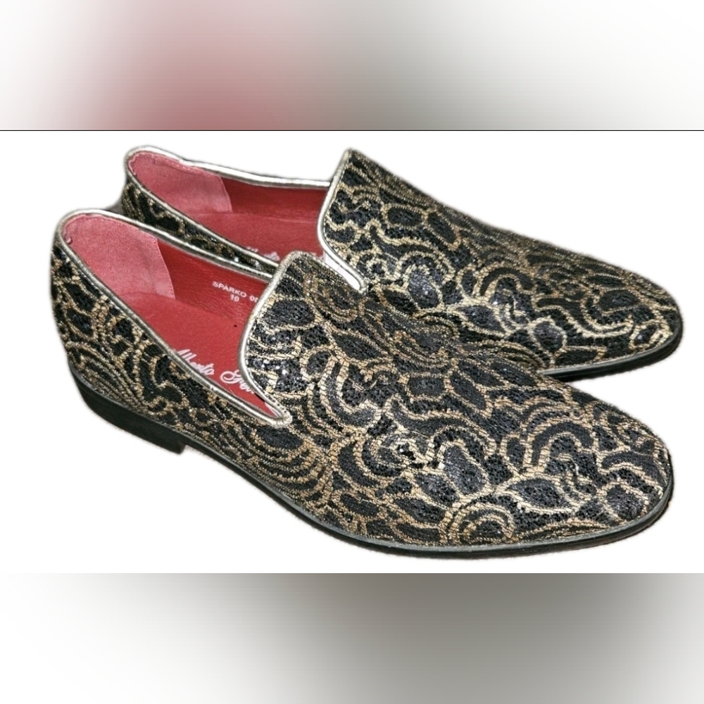 Alberto Fellini Sparko Gold/Black Brocade Loafers - Size 10 - EXCELLENT